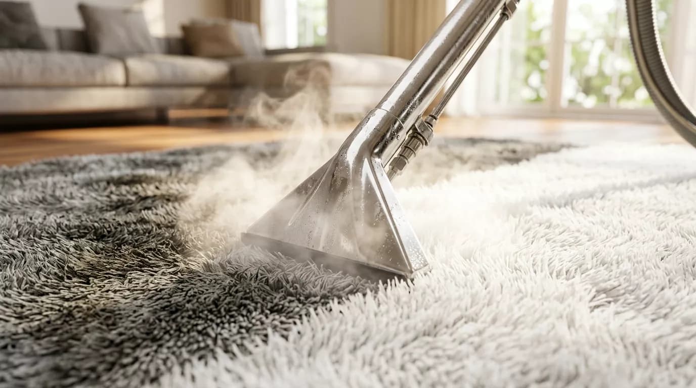 8k Macro 3D rendering of steam wand head extracting matted dirty carpet into plush clean white pile